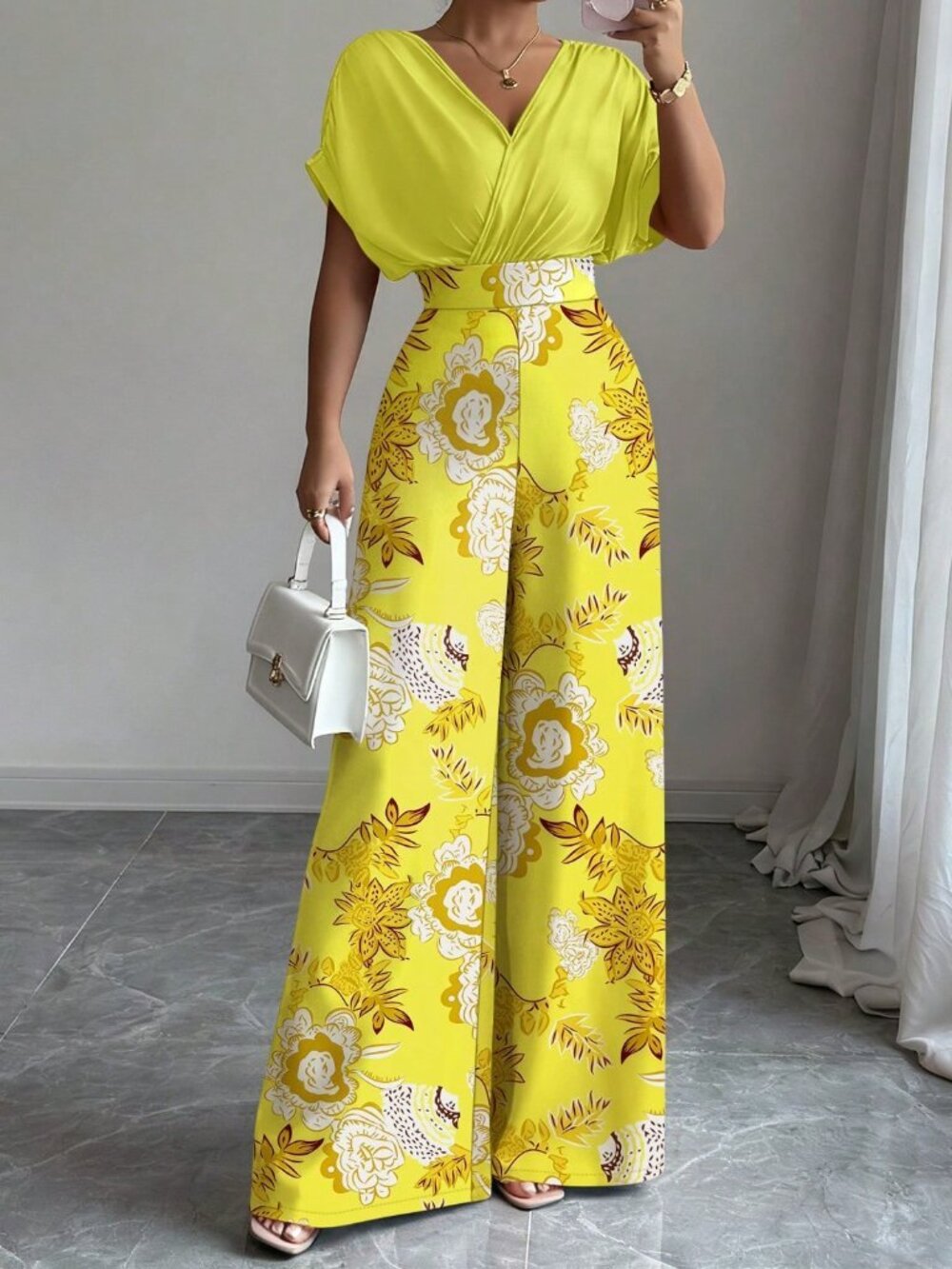 Pale Yellow Boho Women's V-Neck Loose Pleated Waist Printed Long Jumpsuit